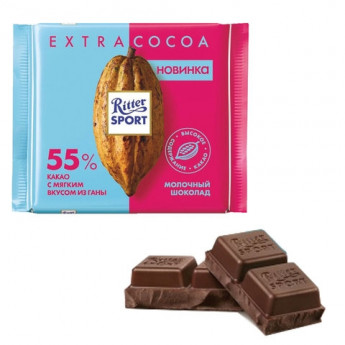 Шоколад RITTER SPORT молочный 55% какао, мягкий вкус из Ганы, 100 г, ш/к 31009, RU9310R