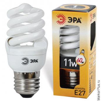Лампа люминесцентная энергосберегающая ЭРА, суперкомпактная, 11 (55) Вт, цоколь E27, 10000 ч., F-SP-11-827-Е27