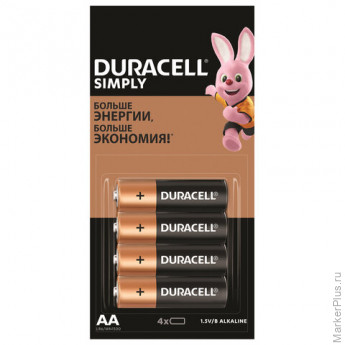 Батарейки КОМПЛЕКТ 4 шт. (отрывной блок) DURACELL Simply ОРИГИНАЛ, AA (LR6, 15А), алкалиновые, пальчиковые, Б0046868, комплект 4 шт