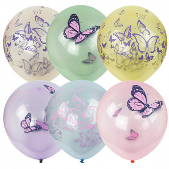 Воздушные шары, 25шт., М12/30см, ПатиБум "Кристалл Bubble. Бабочки", пастель+декоратор, ассорти, европодвес, комплект 25 шт