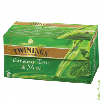 Чай TWININGS (Твайнингс) "Green tea Mint", зеленый, со вкусом мяты, 25 пакетиков с ярлычками по 1,5 