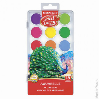 Краски акварельные ERICH KRAUSE "Artberry", 18 цветов, медовые, пластиковая коробка с европодвесом, без кисти, 41725