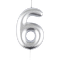 Свеча для торта с держателем MESHU 'Цифра 6', 6см, серебряная, блистер, 12 шт/в уп