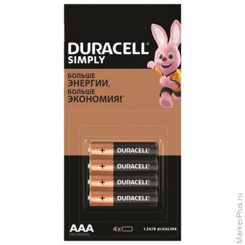 Батарейки КОМПЛЕКТ 4 шт. (отрывной блок), DURACELL Simply ОРИГИНАЛ, AAA (LR03,24А), алкалиновые, мизинчиковые, Б0046869, комплект 4 шт