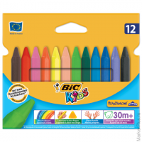 Мелки пластиковые утолщенные BIC "Plastidecor", 12 цветов, трехгранные, яркие цвета, картонная упако