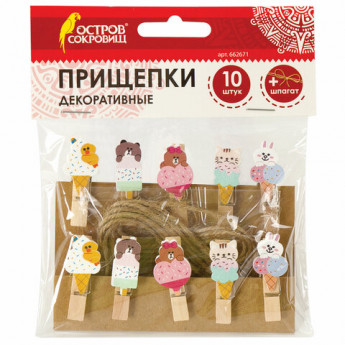 Прищепки декоративные 'Сладкие истории', 10 штук, 3,5 см, ассорти, со шпагатом, ОСТРОВ СОКРОВИЩ, 662671, комплект 10 шт