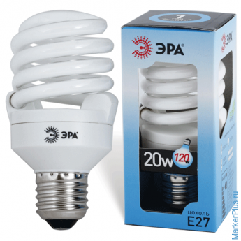 Лампа люминесцентная энергосберегающая ЭРА, суперкомпактная, 20 (100) Вт, цоколь E27, 10000 ч., F-SP-20-842-Е27