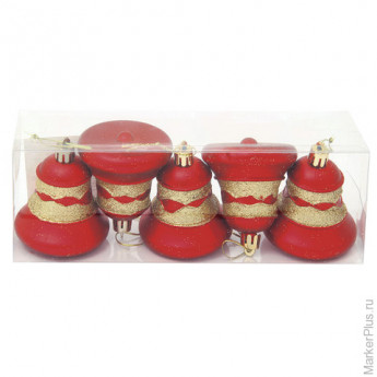 Украшения елочные "Колокольчики", набор 5 шт., пластик, высота 6 см, с рисунком, цвет красный (матов