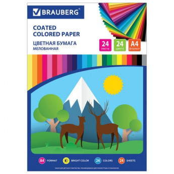 Цветная бумага, А4, мелованная, 24 листа, 24 цвета, на скобе, BRAUBERG ЭКО, 200х280 мм, 'Природа', 111329