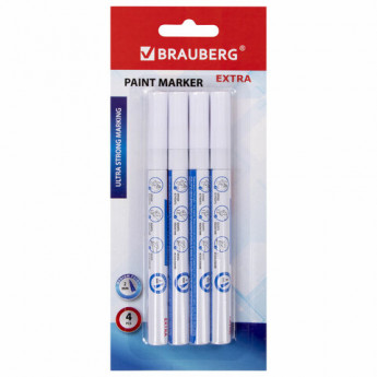 Маркер-краска лаковый EXTRA (paint marker) 2 мм, БЕЛЫЕ, НАБОР 4 шт., УСИЛЕННАЯ НИТРО-ОСНОВА, BRAUBERG, 151995, комплект 4 шт