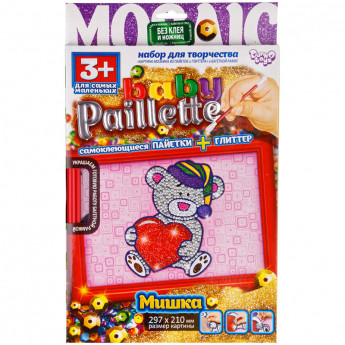 Аппликация-картина из пайеток и глиттера Danko toys "Baby Paillette. Медвежонок", рамка, комплект глиттерных блесток, комплект разноцв. пайеток, палоч