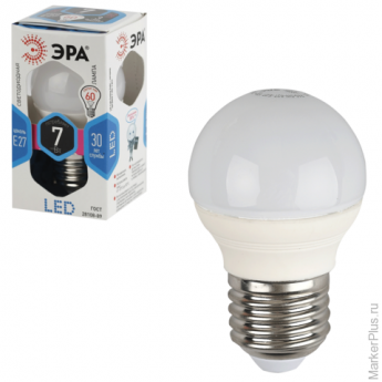 Лампа светодиодная ЭРА, 7 (60) Вт, цоколь E27, шар, холодный белый свет, 30000 ч., LED smdP45-7w-840
