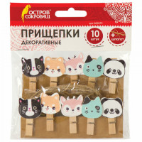 Прищепки декоративные "Забавные животные", 10 штук, 3,5 см, ассорти, со шпагатом, ОСТРОВ СОКРОВИЩ, 662672, комплект 10 шт