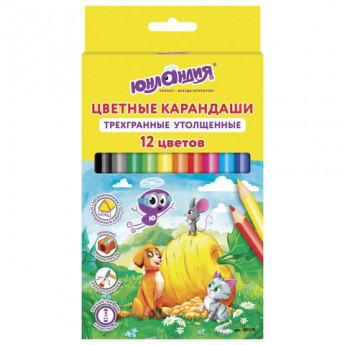 Карандаши цветные утолщенные ЮНЛАНДИЯ 'СКАЗОЧНЫЙ МИР', 12 цветов, трехгранные, с ТОЧИЛКОЙ, 181370