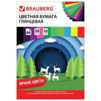 Цветная бумага А4 мелованная (глянцевая), 20 листов 10 цветов, в папке, BRAUBERG, 210х297мм, 'Моя страна', 129928