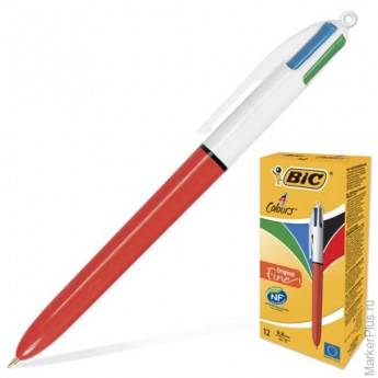 Ручка шариковая автоматическая BIC "4 Colours", 4 цвета (синий, черный, красный, зеленый), узел 0,8 мм, линия письма 0,3 мм, 889971, 12 шт/в уп