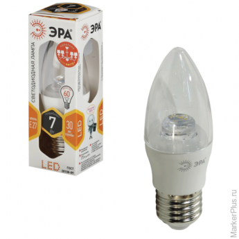 Лампа светодиодная ЭРА, 7 (60) Вт, цоколь E27, "прозрачная свеча", теплый белый свет, 30000 ч., LED 