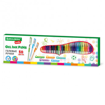 Ручки гелевые с грипом НАБОР 50 ЦВЕТОВ, линия письма 0,5 мм, BRAUBERG KIDS, 143822