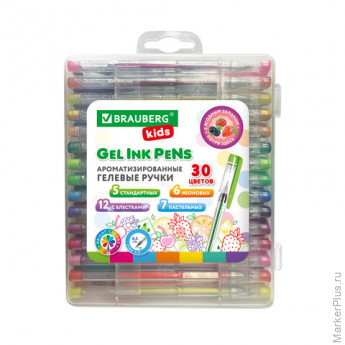 Ручки гелевые АРОМАТИЗИРОВАННЫЕ, НАБОР 30 ЦВЕТОВ, "FRUITS", линия письма 0,5 мм, BRAUBERG KIDS, 143823