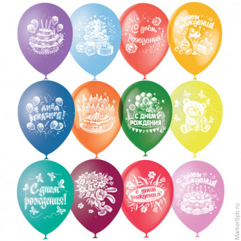 Воздушные шары, 50шт., M12/30см, Поиск "С Днем Рождения", пастель+декор