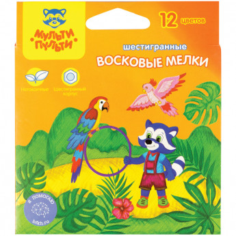 Мелки восковые Мульти-Пульти 'Енот в Новой Гвинее', 12цв., шестигранные, картон, европодвес, 12 шт/в уп