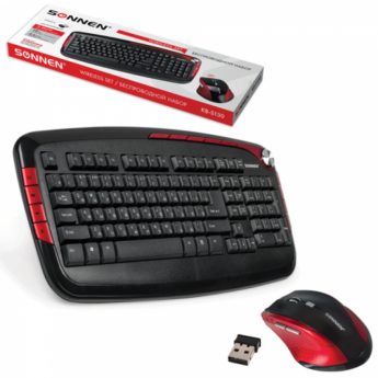 Набор беспроводной SONNEN KB-S130, клавиатура, мышь 5 кнопок+1 колесо-кнопка, черный/красный, 511286