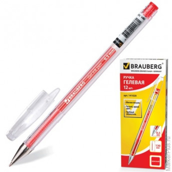 Ручка гелевая BRAUBERG "Jet", корпус прозрачный, толщина письма 0,5 мм, красная, 141020
