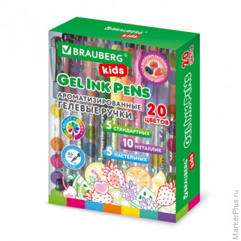 Ручки гелевые с грипом АРОМАТИЗИРОВАННЫЕ, НАБОР 20 ЦВЕТОВ, "FRUITS", линия письма 0,5 мм, BRAUBERG KIDS, 143824