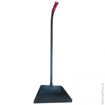 Совок для мусора 28х19см металл, ПРОЧНЫЙ высокая Г-образная ручка 75см, порошковый окрас, темно-серый, дом, офис, улица, ГРАНДМАСТЕР, 700351