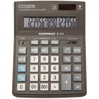 Калькулятор настольный Citizen Correct D, 16 разр., двойное питание, 155*205*28мм, черный