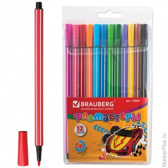 Фломастеры BRAUBERG, 12 цветов, шестигранные в полоску, вентилируемый колпачок, пластиковая упаковка, 150681