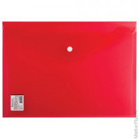 Папка-конверт с кнопкой BRAUBERG, А4, прозрачная, плотная, красная, до 100 листов, 0,18 мм, 224812