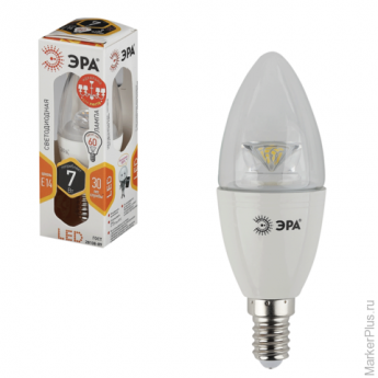 Лампа светодиодная ЭРА, 7 (60) Вт, цоколь E14, "прозрачная свеча", теплый белый свет, 30000 ч., LED 