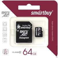 Карта памяти SmartBuy MicroSDXC 64GB UHS-1, Class 10, скорость чтения 10Мб/сек (с адаптером SD)