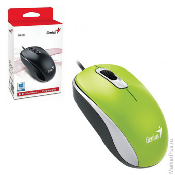 Мышь проводная GENIUS DX-110, USB, 2 кнопки + 1 колесо-кнопка, оптическая, зелёная, 31010116105
