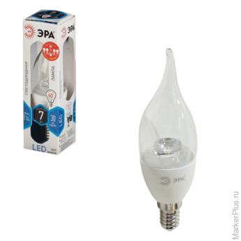 Лампа светодиодная ЭРА, 7 (60) Вт, цоколь E14, "прозрачная свеча на ветру", холодный белый свет, LED