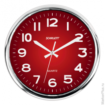 Часы настенные SCARLETT SC-WC1006O круглые, красные, серебристая рамка, плавный ход, 30х30х4 см, SC 