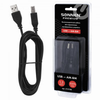Кабель USB 2.0 AM-BM, 1,5 м, SONNEN Premium, медь, для подключения принтеров, сканеров, МФУ, плоттеров, экранированный, черный, 513128 Кабель USB 2.0 AM-BM, 1,5 м, SONNEN Premium, медь, для подключения принтеров, сканеров, МФУ, плоттеров, экранированный, черный, 513128
