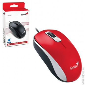Мышь проводная GENIUS DX-110, USB, 2 кнопки + 1 колесо-кнопка, оптическая, красная, 31010116104