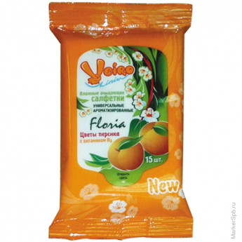 Салфетки влажные VEIRO Floria, 15*20см, 15шт/упак, аромат персика