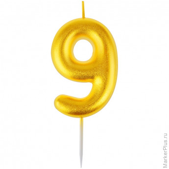 Свеча для торта с держателем MESHU "Цифра 9", 6см, золотая, блистер, 12 шт/в уп