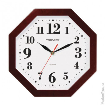 Часы настенные TROYKA 41431416, восьмигранник, белые, коричневая рамка, 29х29х3,5 см