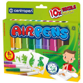 Фломастеры воздушные Centropen 'AirPens Textile', 10цв.+8 трафаретов, картон. упак., европодвес