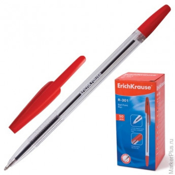 Ручка шариковая ERICH KRAUSE "R-301", корпус прозрачный, толщина письма 1 мм, красная, 22031