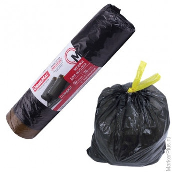 Мешки для мусора с завязками 30 л, черные, в рулоне 30 шт., прочные, ПНД 10 мкм, 45х57 см, ОФИСМАГ, 601396, комплект 30 шт