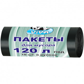 Мешки для мусора ПВД 120л 45мкм 10шт/уп черные 70x110см Viva, комплект 10 шт