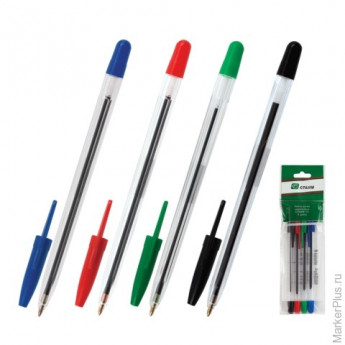 Ручки шариковые СТАММ "111", набор 4 шт., корпус прозрачный, 1 мм, европодвес (синяя, черная, красная, зеленая), РС07