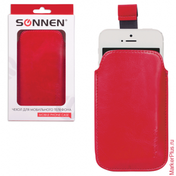 Чехол для телефона SONNEN, кожзаменитель, M, 130x70x10 мм, универсальный, красный, 261964