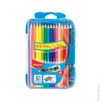 Карандаши "Color Peps" 15цв.+3 флуор. карандаша, трехгран., заточен., пластик. пенал