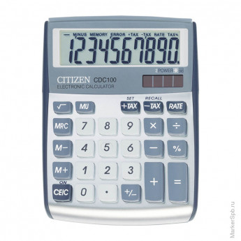 Калькулятор настольный Citizen CDC-100, 10 разр., двойное питание, 109*135*25мм, серый/белый
